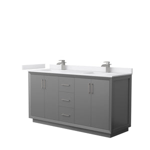 Strada 66 Inch Double Bathroom Vanity in Dark Gray White Cultured Marble Countertop Undermount Square Sink Brushed Nickel Trim