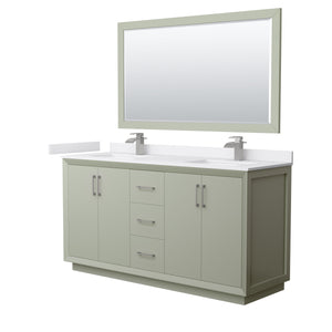 Strada 66 Inch Double Bathroom Vanity in Light Green White Cultured Marble Countertop Undermount Square Sinks Brushed Nickel Trim 58 Inch Mirror