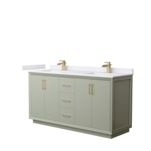 Strada 66 Inch Double Bathroom Vanity in Light Green White Cultured Marble Countertop Undermount Square Sinks Satin Bronze Trim