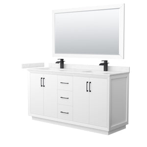 Strada 66 Inch Double Bathroom Vanity in White Carrara Cultured Marble Countertop Undermount Square Sink Matte Black Trim 58 Inch Mirror