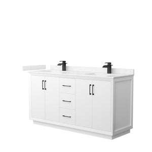 Strada 66 Inch Double Bathroom Vanity in White Carrara Cultured Marble Countertop Undermount Square Sink Matte Black Trim