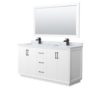 Strada 66 Inch Double Bathroom Vanity in White White Carrara Marble Countertop Undermount Square Sink Matte Black Trim 58 Inch Mirror
