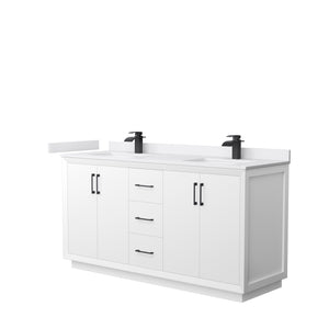 Strada 66 Inch Double Bathroom Vanity in White White Cultured Marble Countertop Undermount Square Sink Matte Black Trim