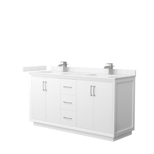 Strada 66 Inch Double Bathroom Vanity in White Carrara Cultured Marble Countertop Undermount Square Sink Brushed Nickel Trim