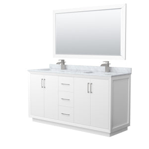 Strada 66 Inch Double Bathroom Vanity in White White Carrara Marble Countertop Undermount Square Sink Brushed Nickel Trim 58 Inch Mirror