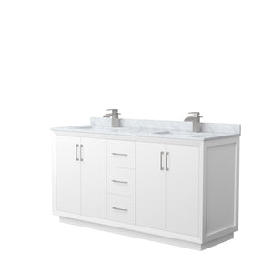 Strada 66 Inch Double Bathroom Vanity in White White Carrara Marble Countertop Undermount Square Sink Brushed Nickel Trim