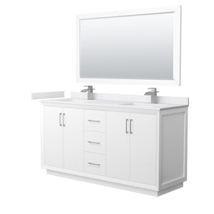 Strada 66 Inch Double Bathroom Vanity in White White Cultured Marble Countertop Undermount Square Sink Brushed Nickel Trim 58 Inch Mirror