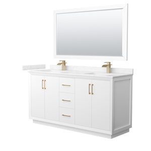 Strada 66 Inch Double Bathroom Vanity in White Carrara Cultured Marble Countertop Undermount Square Sink Satin Bronze Trim 58 Inch Mirror