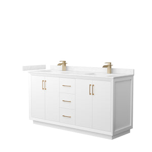 Strada 66 Inch Double Bathroom Vanity in White Carrara Cultured Marble Countertop Undermount Square Sink Satin Bronze Trim