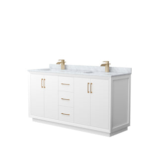 Strada 66 Inch Double Bathroom Vanity in White White Carrara Marble Countertop Undermount Square Sink Satin Bronze Trim