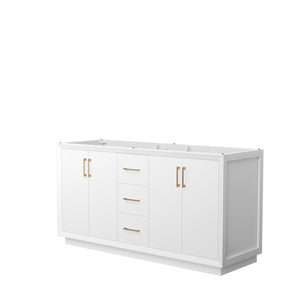 Strada 66 Inch Double Bathroom Vanity in White No Countertop No Sink Satin Bronze Trim