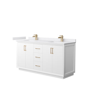 Strada 66 Inch Double Bathroom Vanity in White White Cultured Marble Countertop Undermount Square Sink Satin Bronze Trim