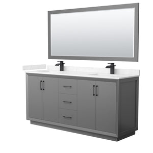 Strada 72 Inch Double Bathroom Vanity in Dark Gray Carrara Cultured Marble Countertop Undermount Square Sink Matte Black Trim 70 Inch Mirror