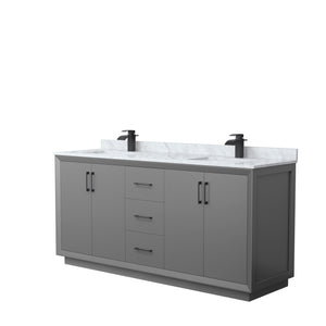 Strada 72 Inch Double Bathroom Vanity in Dark Gray White Carrara Marble Countertop Undermount Square Sink Matte Black Trim