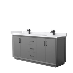 Strada 72 Inch Double Bathroom Vanity in Dark Gray White Cultured Marble Countertop Undermount Square Sink Matte Black Trim