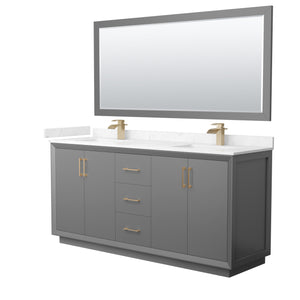 Strada 72 Inch Double Bathroom Vanity in Dark Gray Carrara Cultured Marble Countertop Undermount Square Sink Satin Bronze Trim 70 Inch Mirror