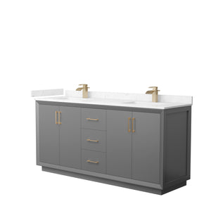 Strada 72 Inch Double Bathroom Vanity in Dark Gray Carrara Cultured Marble Countertop Undermount Square Sink Satin Bronze Trim
