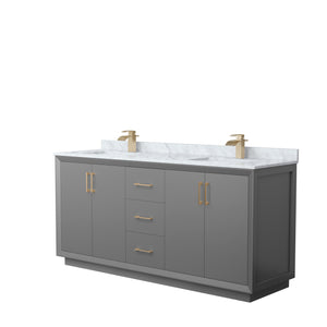 Strada 72 Inch Double Bathroom Vanity in Dark Gray White Carrara Marble Countertop Undermount Square Sink Satin Bronze Trim