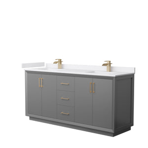 Strada 72 Inch Double Bathroom Vanity in Dark Gray White Cultured Marble Countertop Undermount Square Sink Satin Bronze Trim