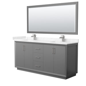 Strada 72 Inch Double Bathroom Vanity in Dark Gray Carrara Cultured Marble Countertop Undermount Square Sink Brushed Nickel Trim 70 Inch Mirror