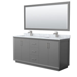 Strada 72 Inch Double Bathroom Vanity in Dark Gray White Carrara Marble Countertop Undermount Square Sink Brushed Nickel Trim 70 Inch Mirror
