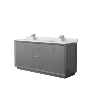 Strada 72 Inch Double Bathroom Vanity in Dark Gray White Carrara Marble Countertop Undermount Square Sink Brushed Nickel Trim