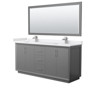 Strada 72 Inch Double Bathroom Vanity in Dark Gray White Cultured Marble Countertop Undermount Square Sink Brushed Nickel Trim 70 Inch Mirror