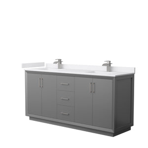 Strada 72 Inch Double Bathroom Vanity in Dark Gray White Cultured Marble Countertop Undermount Square Sink Brushed Nickel Trim