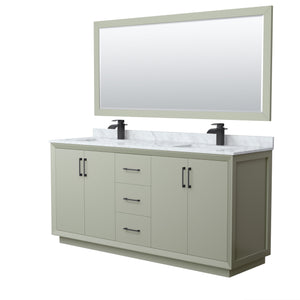 Strada 72 Inch Double Bathroom Vanity in Light Green White Carrara Marble Countertop Undermount Square Sinks Matte Black Trim 70 Inch Mirror