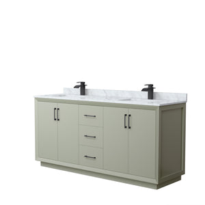 Strada 72 Inch Double Bathroom Vanity in Light Green White Carrara Marble Countertop Undermount Square Sinks Matte Black Trim
