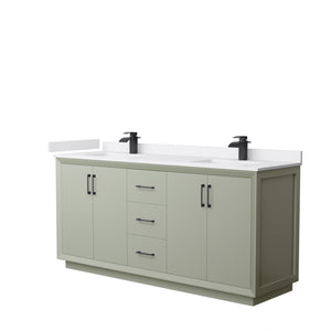 Strada 72 Inch Double Bathroom Vanity in Light Green White Cultured Marble Countertop Undermount Square Sinks Matte Black Trim