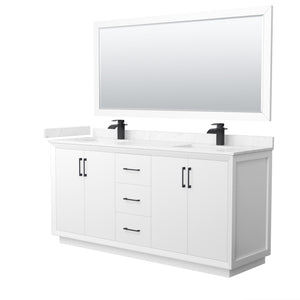 Strada 72 Inch Double Bathroom Vanity in White Carrara Cultured Marble Countertop Undermount Square Sink Matte Black Trim 70 Inch Mirror