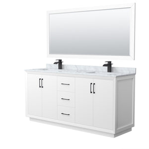 Strada 72 Inch Double Bathroom Vanity in White White Carrara Marble Countertop Undermount Square Sink Matte Black Trim 70 Inch Mirror