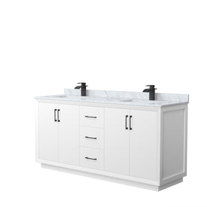 Strada 72 Inch Double Bathroom Vanity in White White Carrara Marble Countertop Undermount Square Sink Matte Black Trim
