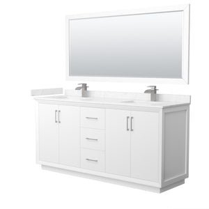 Strada 72 Inch Double Bathroom Vanity in White Carrara Cultured Marble Countertop Undermount Square Sink Brushed Nickel Trim 70 Inch Mirror