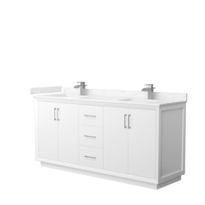 Strada 72 Inch Double Bathroom Vanity in White Carrara Cultured Marble Countertop Undermount Square Sink Brushed Nickel Trim