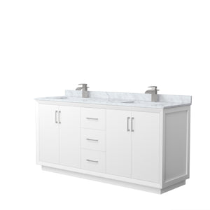 Strada 72 Inch Double Bathroom Vanity in White White Carrara Marble Countertop Undermount Square Sink Brushed Nickel Trim