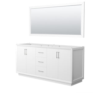 Strada 72 Inch Double Bathroom Vanity in White No Countertop No Sink Brushed Nickel Trim 70 Inch Mirror