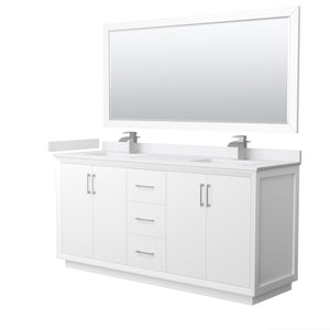 Strada 72 Inch Double Bathroom Vanity in White White Cultured Marble Countertop Undermount Square Sink Brushed Nickel Trim 70 Inch Mirror