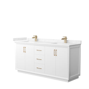 Strada 72 Inch Double Bathroom Vanity in White Carrara Cultured Marble Countertop Undermount Square Sink Satin Bronze Trim