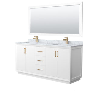 Strada 72 Inch Double Bathroom Vanity in White White Carrara Marble Countertop Undermount Square Sink Satin Bronze Trim 70 Inch Mirror