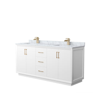 Strada 72 Inch Double Bathroom Vanity in White White Carrara Marble Countertop Undermount Square Sink Satin Bronze Trim