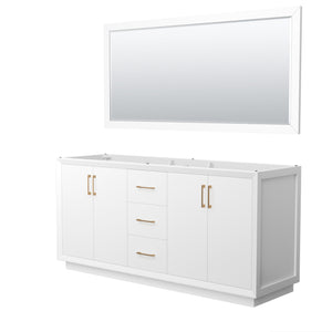 Strada 72 Inch Double Bathroom Vanity in White No Countertop No Sink Satin Bronze Trim 70 Inch Mirror