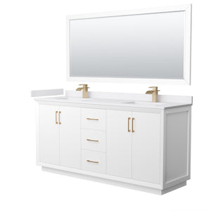 Strada 72 Inch Double Bathroom Vanity in White White Cultured Marble Countertop Undermount Square Sink Satin Bronze Trim 70 Inch Mirror