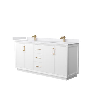 Strada 72 Inch Double Bathroom Vanity in White White Cultured Marble Countertop Undermount Square Sink Satin Bronze Trim