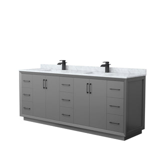 Strada 84 Inch Double Bathroom Vanity in Dark Gray White Carrara Marble Countertop Undermount Square Sink Matte Black Trim