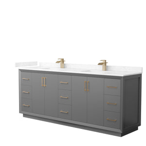 Strada 84 Inch Double Bathroom Vanity in Dark Gray Carrara Cultured Marble Countertop Undermount Square Sink Satin Bronze Trim