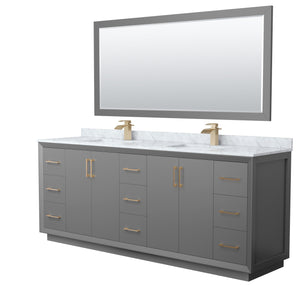 Strada 84 Inch Double Bathroom Vanity in Dark Gray White Carrara Marble Countertop Undermount Square Sink Satin Bronze Trim 70 Inch Mirror