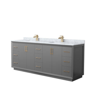 Strada 84 Inch Double Bathroom Vanity in Dark Gray White Carrara Marble Countertop Undermount Square Sink Satin Bronze Trim