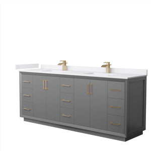 Strada 84 Inch Double Bathroom Vanity in Dark Gray White Cultured Marble Countertop Undermount Square Sink Satin Bronze Trim